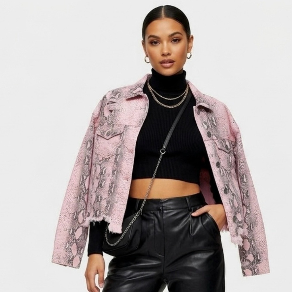 POL Oversized Pink Snakeskin Denim Jacket - Distressed & Frayed - Size S